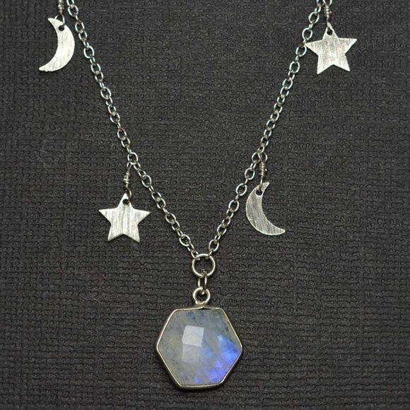 Moonstone Hexagon Pendant on Moon and Star Chain - Picture 1 of 2